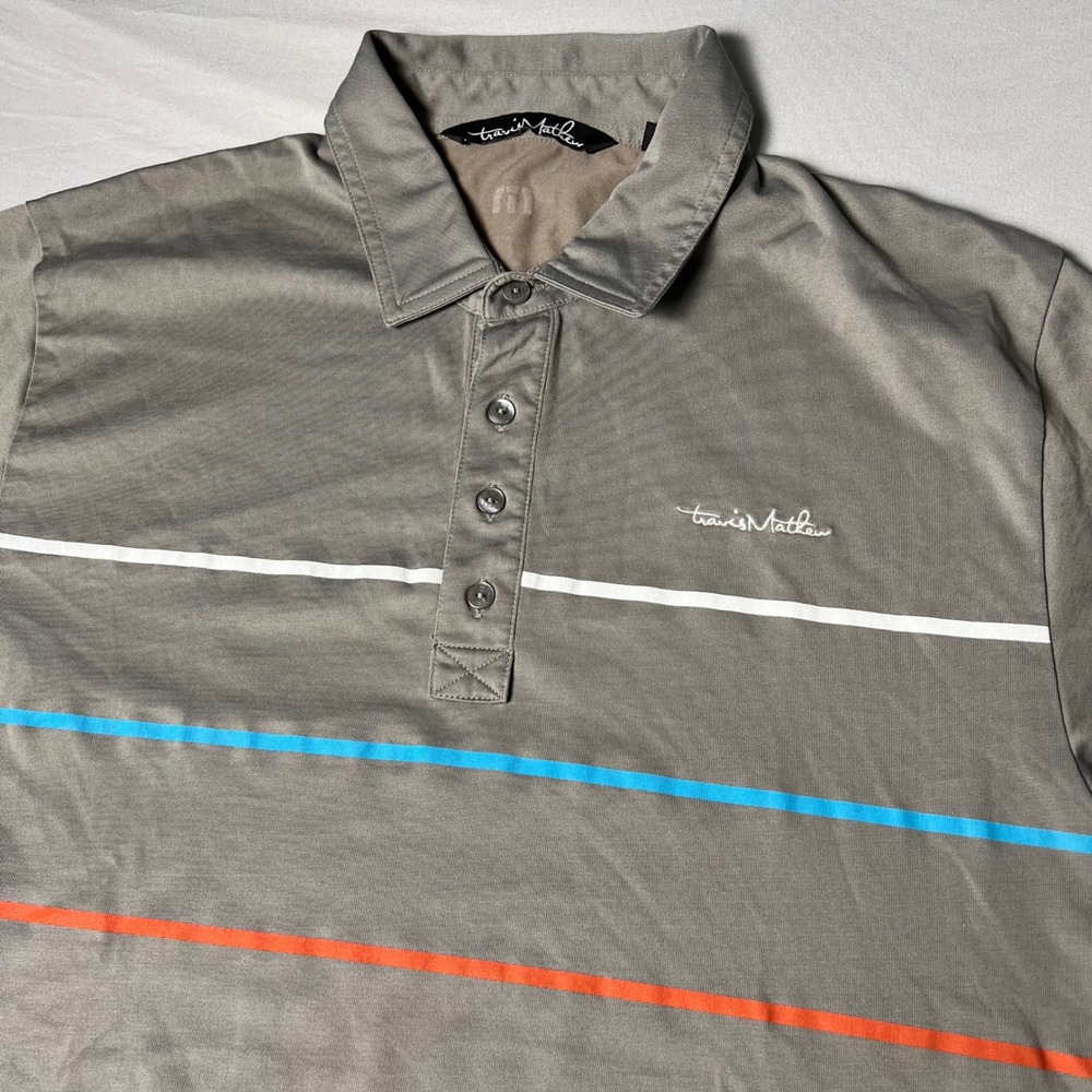 TravisMathew Mens Gray Striped Short Sleeve Golf Polo Shirt Large